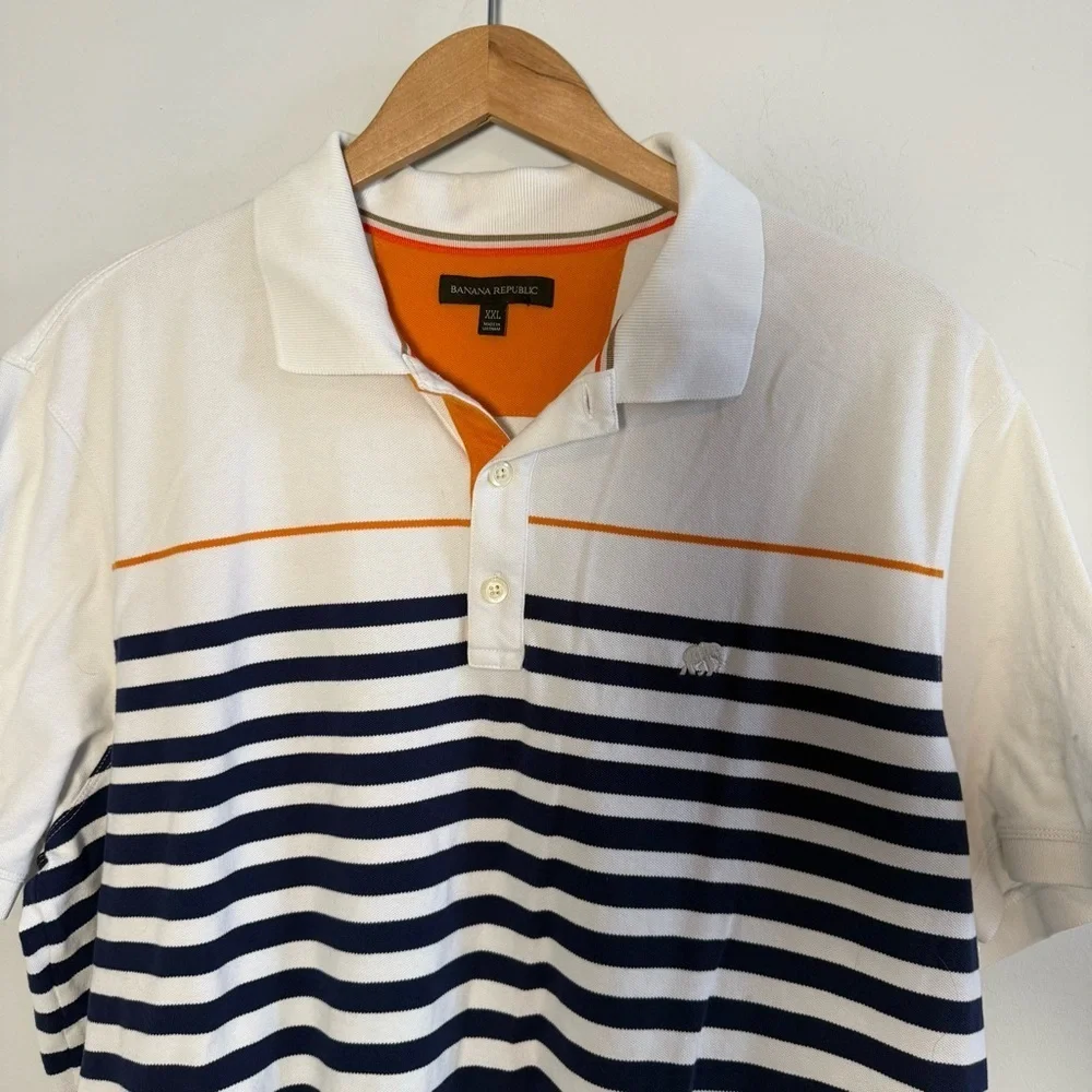 Banana Republic Navy and Orange Striped Cotton Polo Shirt, Size XXL